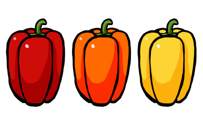 パプリカのイラスト （筆タッチ・夏野菜・赤色・オレンジ色・黄色） シンプル / Hand Drawn Brush Paprika Set (Red, Orange, Yellow)
