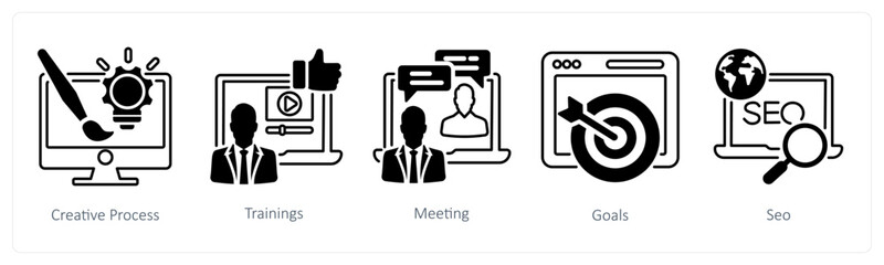 A set of 5 mix icons as creative process, trainings, meeting in black color © popcornarts