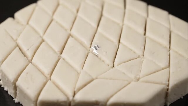 Closeup of white fudge pieces cut into diamond shapes on black surface