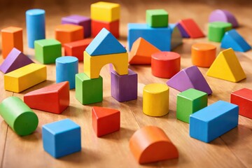 Obraz premium A Vibrant Array of Colorful Building Blocks Spread Across a Wooden Floor: Creativity and Imagination Exemplified in Playful Geometry