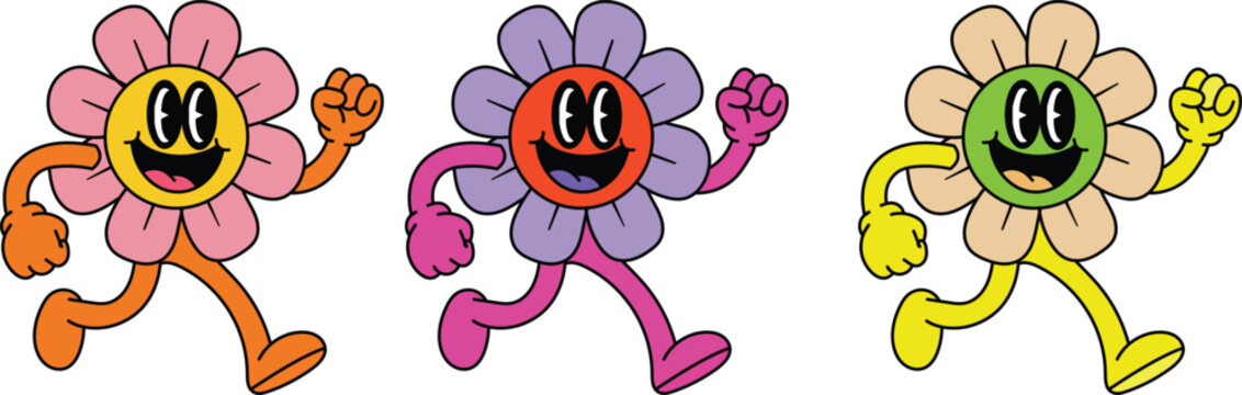 Three colorful flower characters running with smiling faces