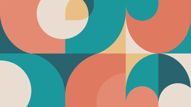 An abstract geometric pattern features colorful semicircles and quadrants in a retro mid-century modern style.