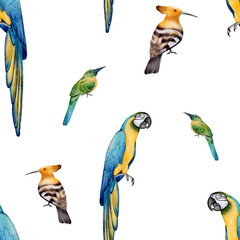 Tropical parrot seamless pattern, watercolor illustration with macaw, hoopoe and green birds, For textile, fabric, wallpaper, packaging, wrapping paper, surface design and branding projects © Alona