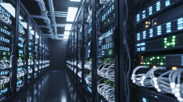 A vast, state-of-the-art data center unfolds, filled with towering racks of servers glowing in vivid turquoise and green.