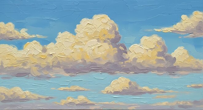 Vibrant impressionist painting of puffy white clouds against a bright blue sky with textured brushstrokes perfect for backgrounds and wall art