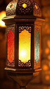 Close Up Moroccan Lantern With Colorful Glass Panels Warm Light