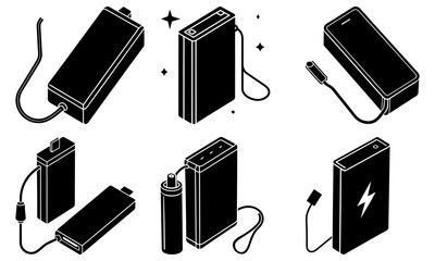 ywidual illustrations batteries with charging cables on white background