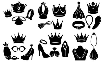 Assorted royal accessories and jewelry icons including crowns, necklaces, and high heels displayed in a grid pattern