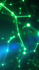 Fototapeta premium Glowing neon green network of connected nodes and lines forming a dynamic digital grid in dark space