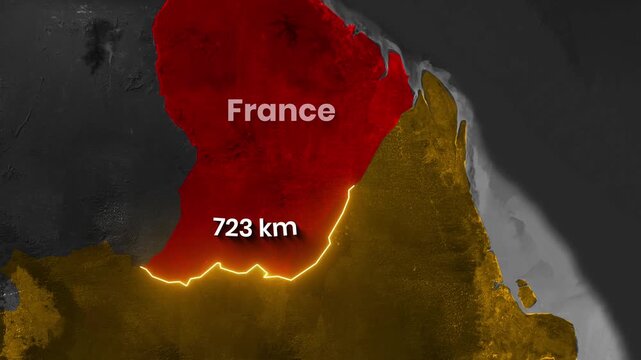 Satellite map highlighting French Guiana, an overseas department, bordering Brazil