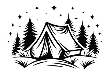 Night forest with tent and pine trees silhouette creates a simple outdoor adventure © Sonda