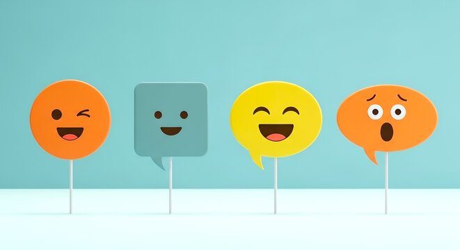 Four different colored smiley faces are standing on sticks. The yellow one is the biggest. The orange one is the smallest