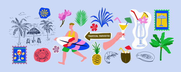Sea vacation on tropical islands. Set of vector illustrations in mixed styles. Sketches, stickers, and flat illustrations.