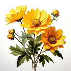 Vibrant yellow flowers with dark green leaves, against a plain white background, showcasing botanical art