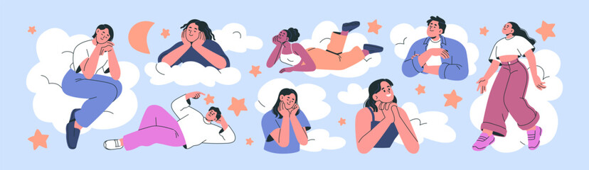 Dreaming hopeful smiling people floating in sky clouds. Men and women dreamers with hopes, thoughts, ideas. Happy dreamy characters dream, imagine, making wish, daydreaming. Flat vector illustration