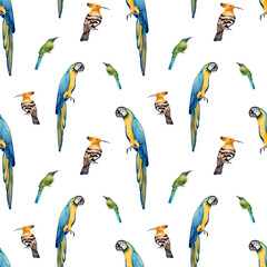 Tropical parrot seamless pattern, watercolor illustration with macaw, hoopoe and green birds, For textile, fabric, wallpaper, packaging, wrapping paper, surface design and branding projects © Alona