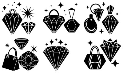 Luxury jewelry and accessories illustration set featuring diamond, gemstone, purse, perfume, and luxury items in a minimalist style