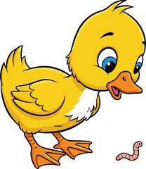 Fototapeta premium Cute yellow duckling looking at little worm cartoon vector illustration isolated on white background playful farm animal character design