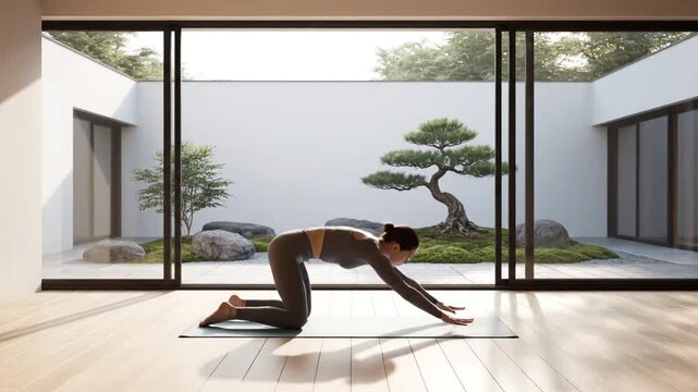 Woman practicing yoga warrior and triangle poses in a serene Japanese garden courtyard