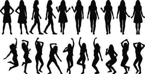 Woman silhouette collection, female standing walking and dancing poses isolated on white background fashion lifestyle illustration set