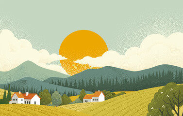 Naklejka premium Fields rolling hills and mountains farm landscape background illustration with countryside mountains, sunrise sun, clouds and trees. Original rural background drawing in vintage pointillism dot style