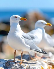 Obraz premium Two white seagulls stand tall on a rock, ocean backdrop, bright daylight