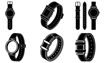 Collection of various watch designs and components illustrated in black and white