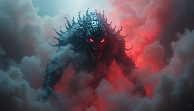 A dark creature with red eyes emerges from the cloudy darkness