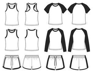 Basic Athleisure Set Technical Fashion Illustration. Tank Top, Raglan Sleeve T-Shirt, Long Sleeve Tee and Running Shorts CAD Vector Template. Front and Back View.