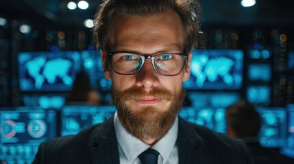 Obraz premium Confident young man with glasses and a beard reviews multiple security displays in a bright high tech space with blue lighting