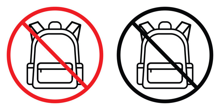 No backpacks prohibited sign with red and black strikeout. Universal restriction symbol for safety, security zones, or school rules. Vector illustration of forbidden bag icon in a circle.