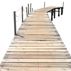 Winding, weathered wooden dock with roped railing against a stark white background in a vertical composition