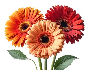 Trio of vibrant Gerbera daisies in orange, peach, and red, with green leaves, isolated on a white background