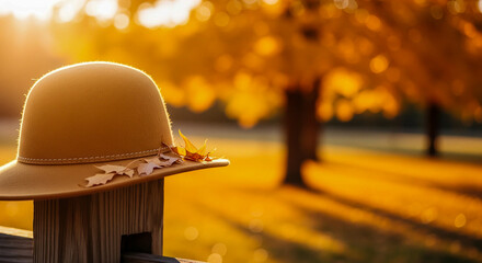 Autumn hat on fence post symbolizing seasonal transition and cozy fall mood