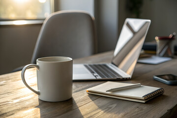 Fototapeta premium Blank coffee mug mockup on modern workspace desk with laptop and notebook. Professional branding scene with natural light and copy space for logo or print design.