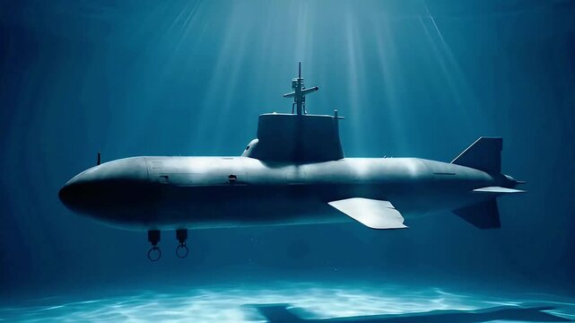 Advanced Submarine Navigating Deep Blue Ocean Waters Illuminated by Sun Rays