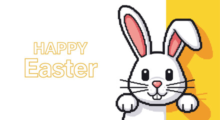 Obraz premium A cute cartoon rabbit with pink ears and a happy expression in colorful vector style, perfect for Easter greeting cards