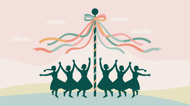A group of people dancing around a maypole with colorful ribbons in a festive outdoor setting.