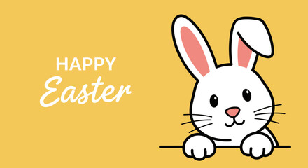 Obraz premium A cute cartoon Easter bunny with the text 'Happy Easter' in a modern flat vector style, perfect for greeting cards and festive decorations