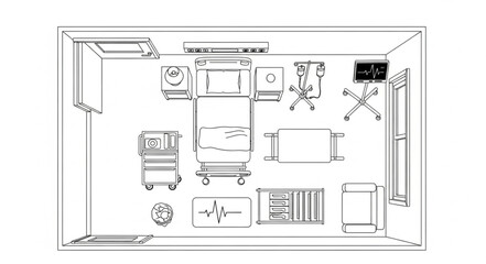 Detailed overhead view of a hospital room with medical equipment and bed. © Jaganchan