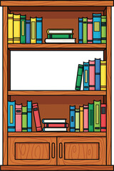 Classic Wooden Bookcase Illustration Filled with Colorful Books and an Empty Shelf.