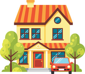 Colorful cartoon illustration of a twostory suburban house with a striped roof and a red car.