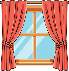Classic wooden window frame with vibrant red curtains held by braided tiebacks.