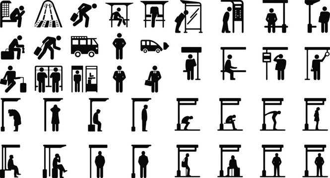Bus Stop Pictogram Silhouette Icon Set Public Transport Waiting Silhouette Vector Pack