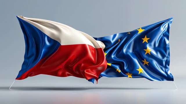 Czech Republic and European Union flags come together to show unity and cooperation in a symbolic display of partnership