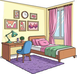 Cozy cartoon bedroom interior with a wooden bed desk blue chair and colorful pink and purple decor.