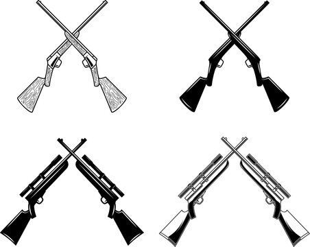 A set of four black and white vector illustrations featuring crossed hunting rifles and sniper guns. These detailed, minimalist weapon silhouettes are ideal for hunting logos.
