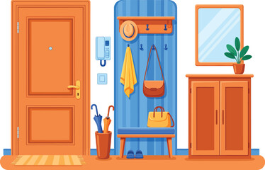 Cozy Home Entryway Illustration with Wooden Door Blue Coat Rack Cabinet and Hallway Furniture.