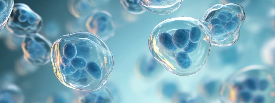 Blue transparent cells with visible nuclei represent biology, cellular structure, medical research and microscopic science concept. banner 