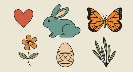 A collection of a rabbit, butterfly, flower, heart, and Easter egg in colorful flat vector style, perfect for spring-themed designs